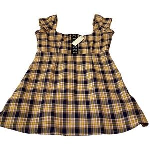 Capulet Plaid Mini Dress Yellow Navy Check Corset‎ Front Ruffle Sleeves Size L